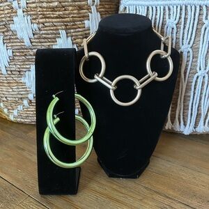 Urban Outfitters Bundle Gold Chunky Chain Necklace and Green Large Hoop Earrings